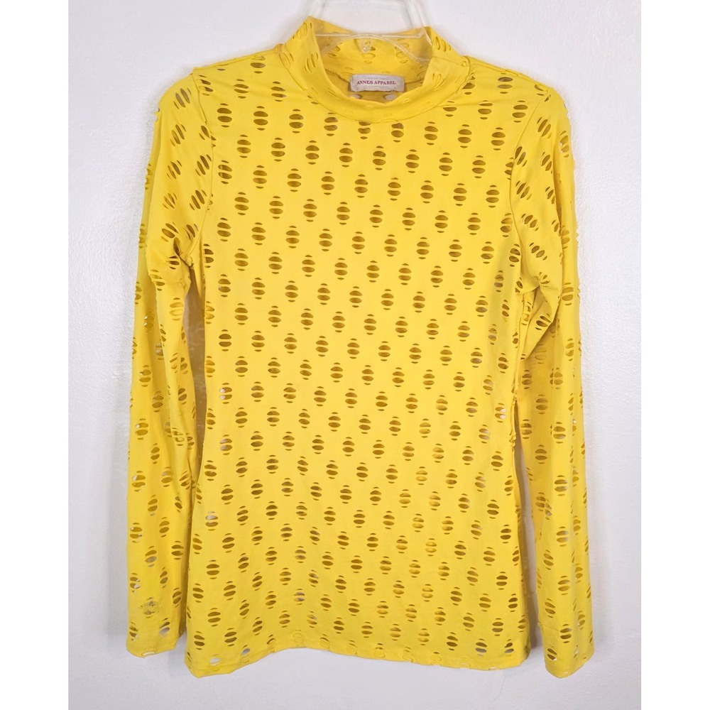 Annes Apparel Yellow Laser Cut Out Mock Neck Long Sleeve Top